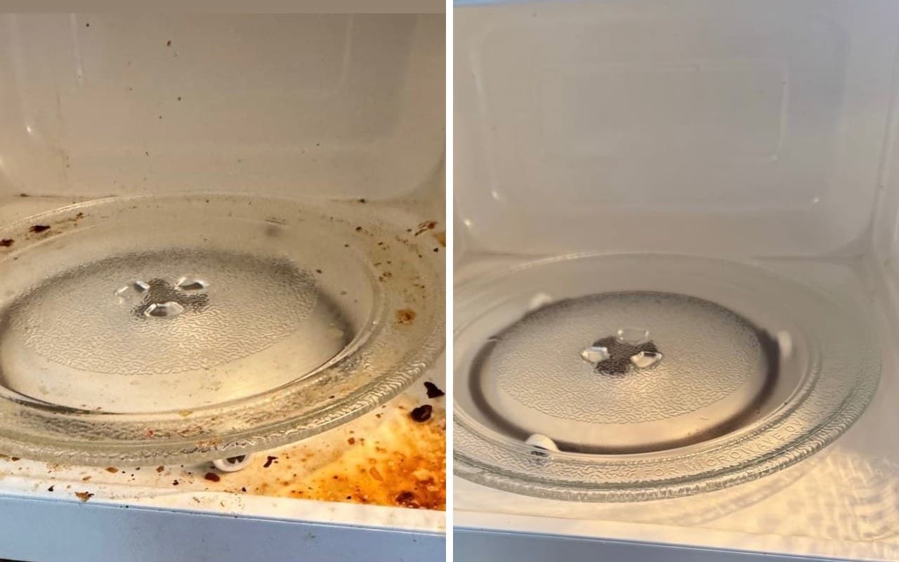 Before and after cleaning a microwave interior and turntable