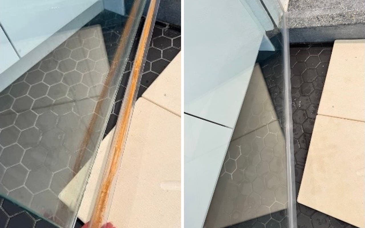Before and after cleaning a glass shower screen and its seal