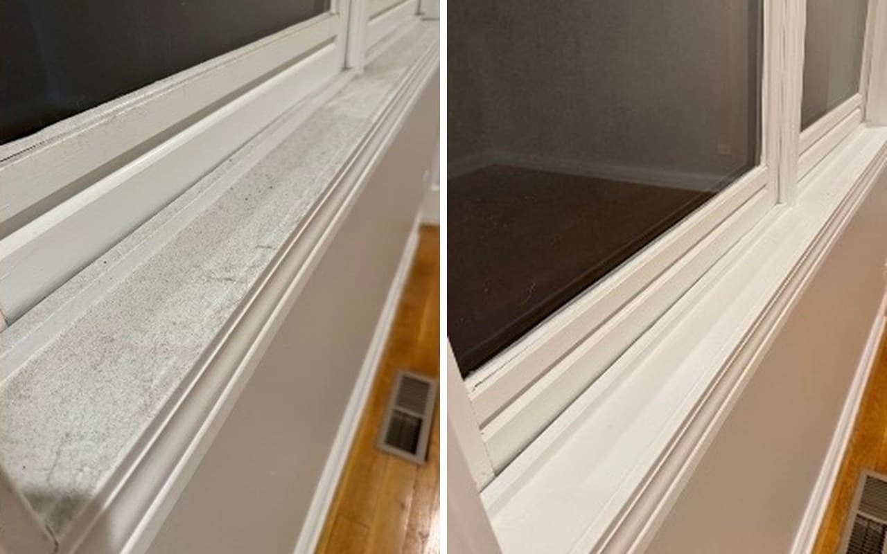 Before and after cleaning a window sill and track